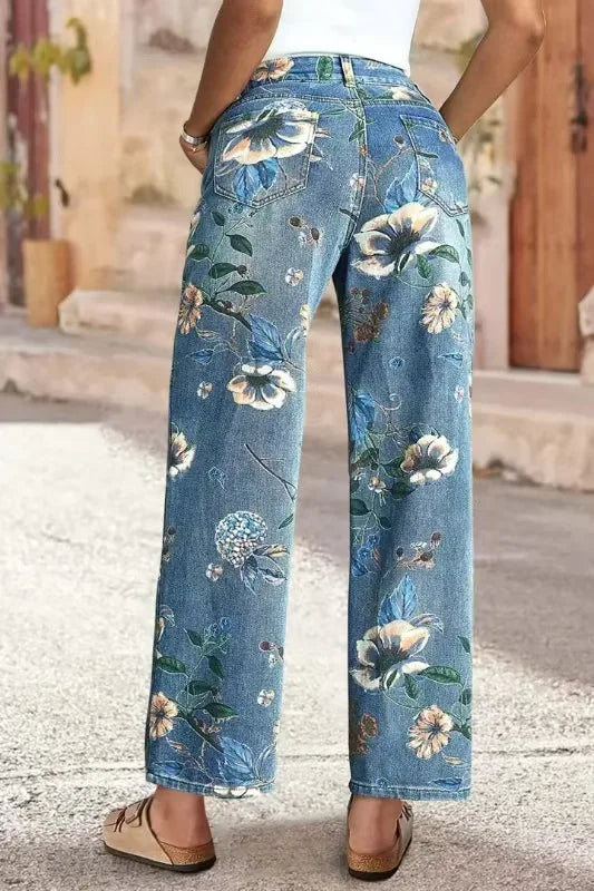Women Print Jeans Wide Leg Pants High Waist Full Length Pockets Distressed Denim Washed Straight Trousers Casual Distressed