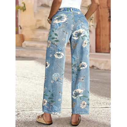Plus Size Floral Print Straight Leg Jeans Women's Fashion Casual Denim Pants Street Style Cotton Fabric Long Trousers Spring ...