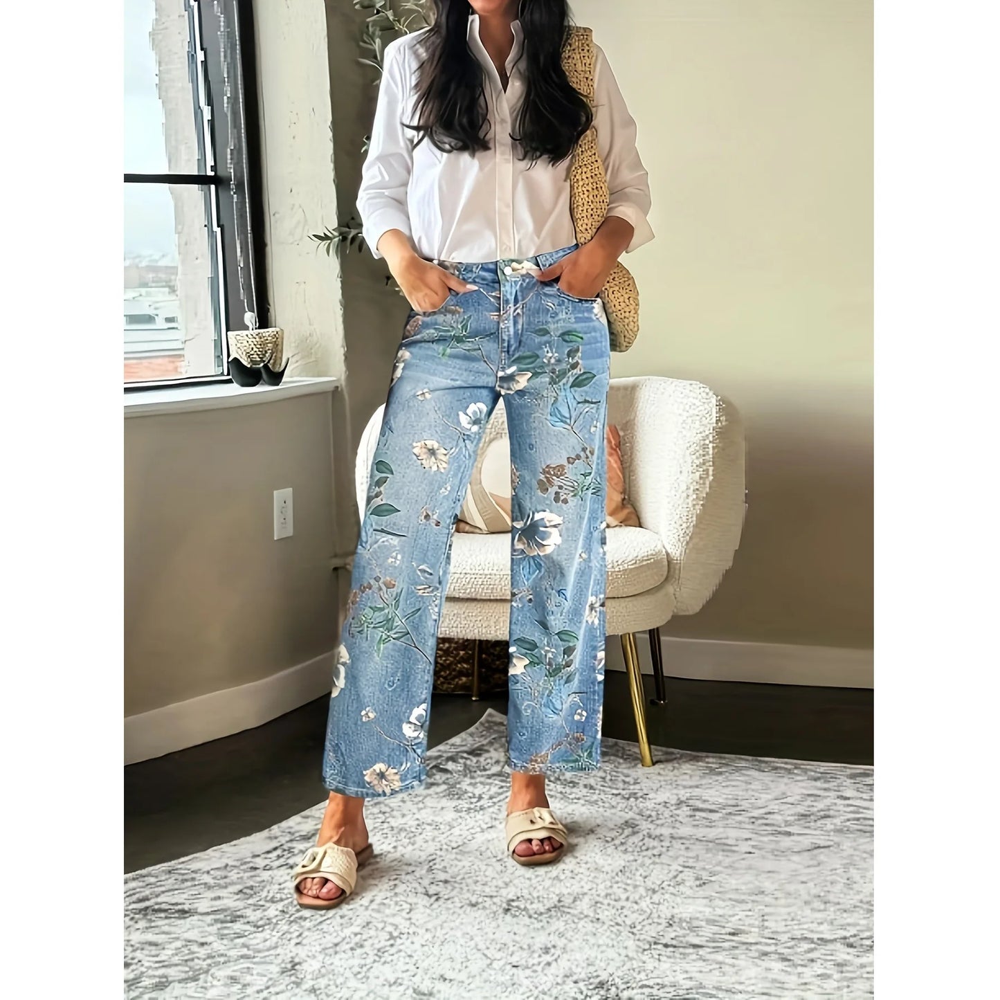 Plus Size Floral Print Straight Leg Jeans Women's Fashion Casual Denim Pants Street Style Cotton Fabric Long Trousers Spring ...