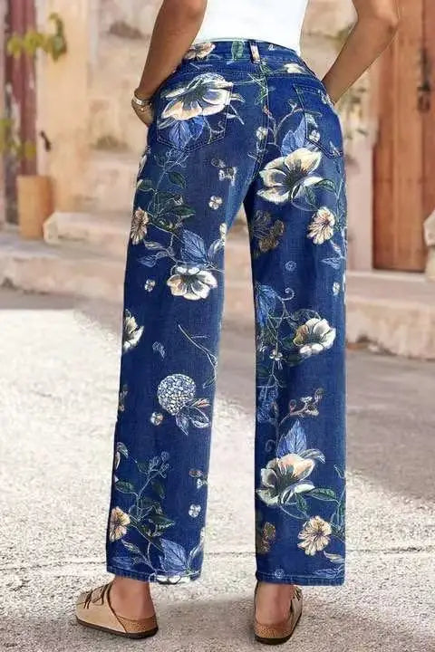 Women Print Jeans Wide Leg Pants High Waist Full Length Pockets Distressed Denim Washed Straight Trousers Casual Distressed