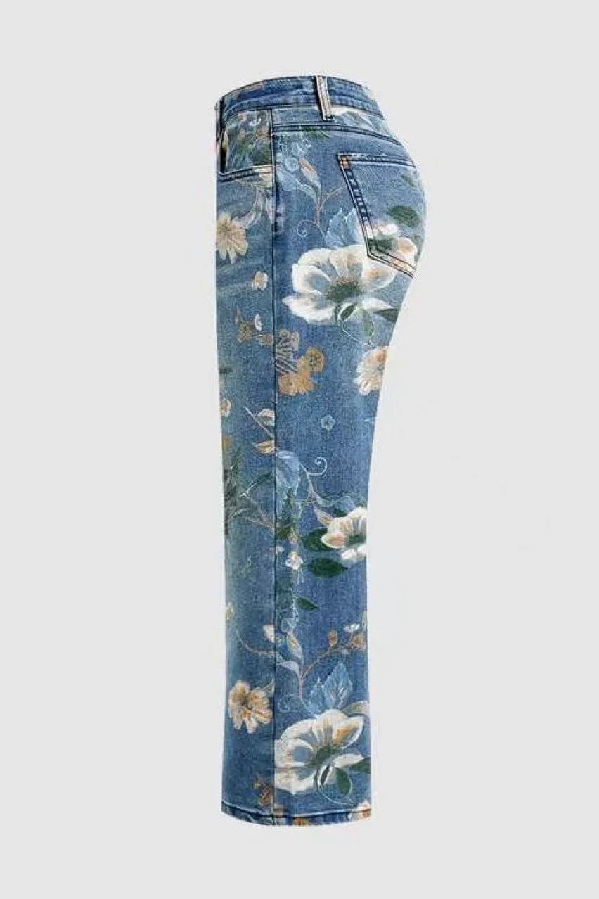 Women Print Jeans Wide Leg Pants High Waist Full Length Pockets Distressed Denim Washed Straight Trousers Casual Distressed