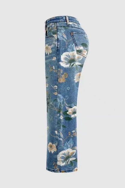 Women Print Jeans Wide Leg Pants High Waist Full Length Pockets Distressed Denim Washed Straight Trousers Casual Distressed