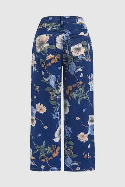 Women Print Jeans Wide Leg Pants High Waist Full Length Pockets Distressed Denim Washed Straight Trousers Casual Distressed