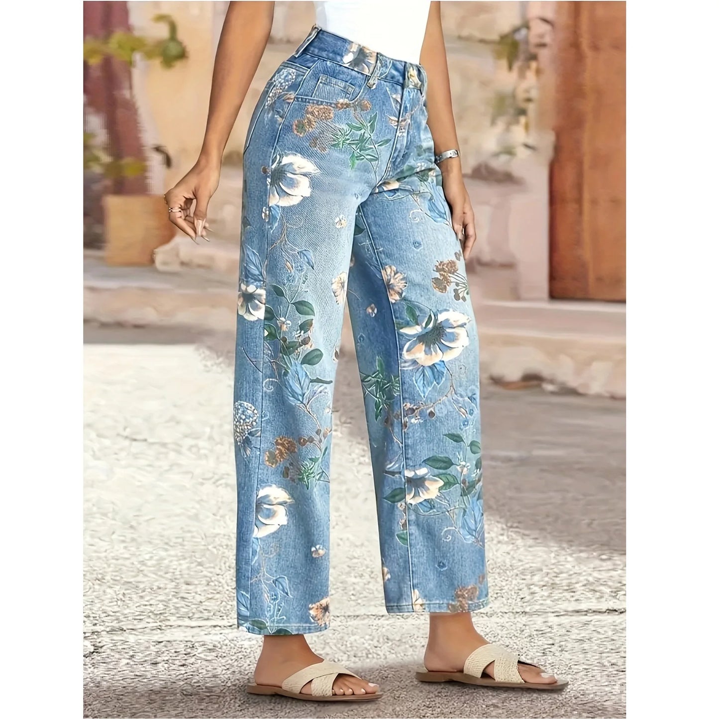 Plus Size Floral Print Straight Leg Jeans Women's Fashion Casual Denim Pants Street Style Cotton Fabric Long Trousers Spring ...