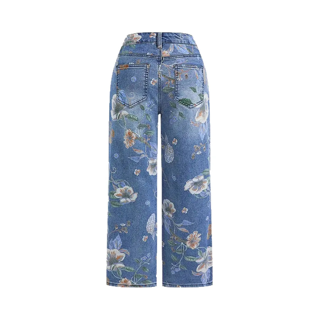 Women Print Jeans Wide Leg Pants High Waist Full Length Pockets Distressed Denim Washed Straight Trousers Casual Distressed
