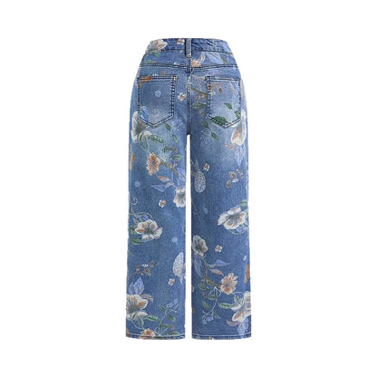 Women Print Jeans Wide Leg Pants High Waist Full Length Pockets Distressed Denim Washed Straight Trousers Casual Distressed
