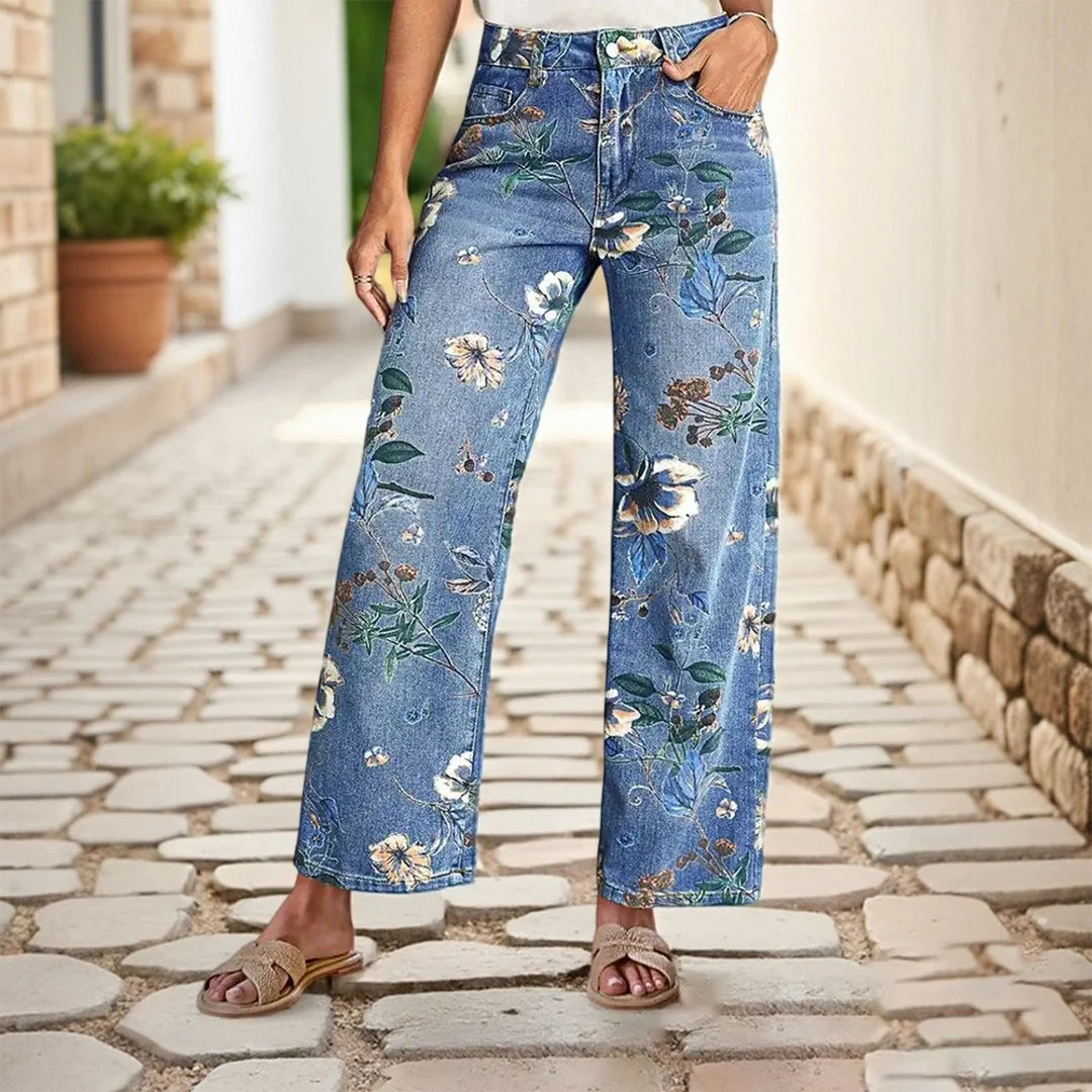 Women Print Jeans Wide Leg Pants High Waist Full Length Pockets Distressed Denim Washed Straight Trousers Casual Distressed