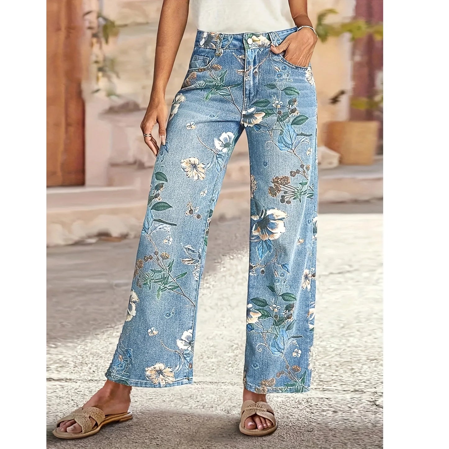 Plus Size Floral Print Straight Leg Jeans Women's Fashion Casual Denim Pants Street Style Cotton Fabric Long Trousers Spring ...