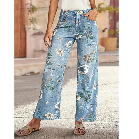 Plus Size Floral Print Straight Leg Jeans Women's Fashion Casual Denim Pants Street Style Cotton Fabric Long Trousers Spring ...