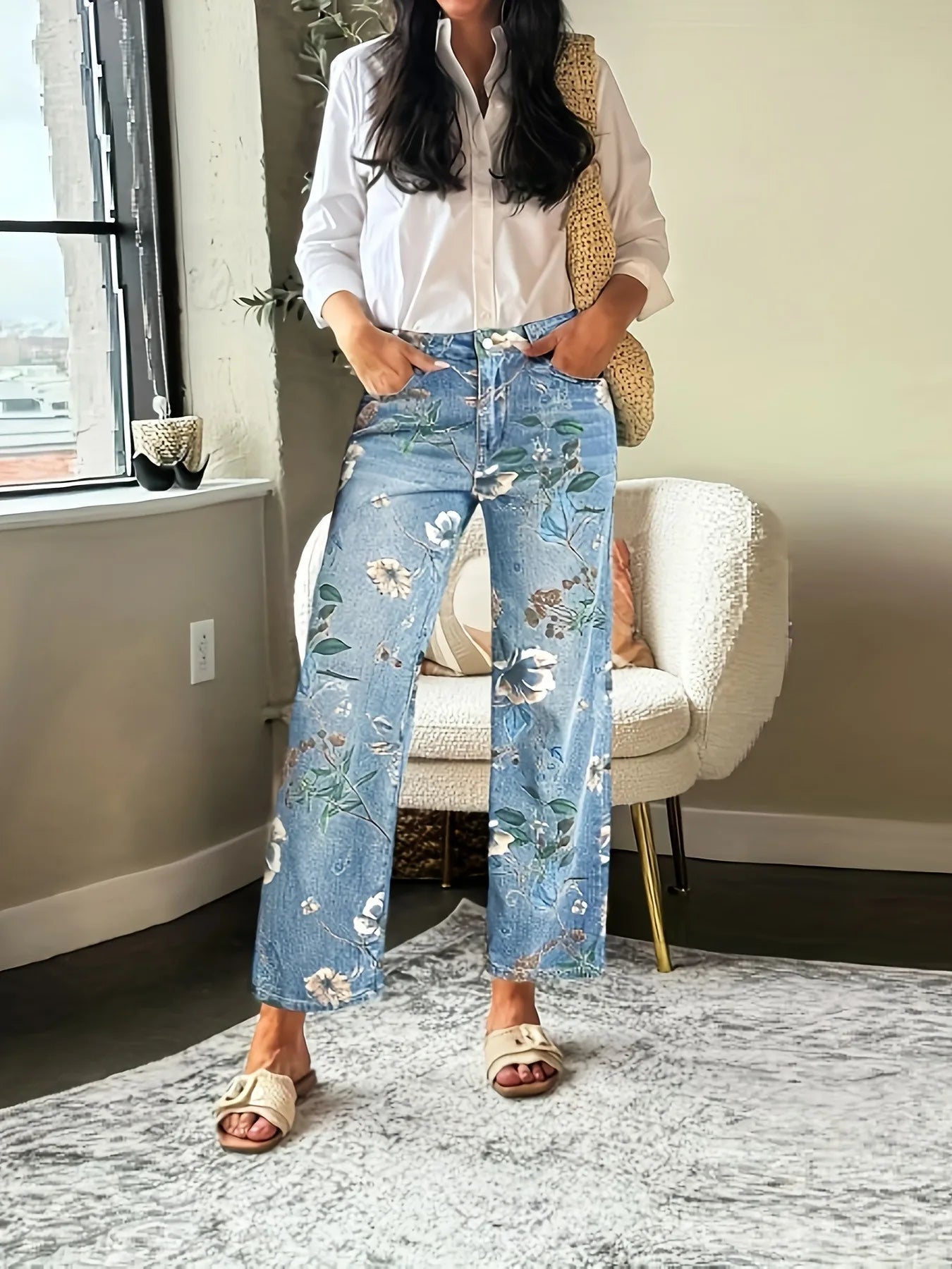 Plus Size Floral Print Straight Leg Jeans Women's Fashion Casual Denim Pants Street Style Cotton Fabric Long Trousers Spring ...