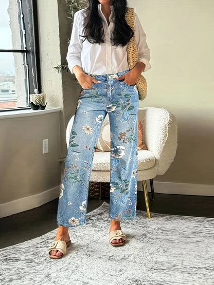 Plus Size Floral Print Straight Leg Jeans Women's Fashion Casual Denim Pants Street Style Cotton Fabric Long Trousers Spring ...