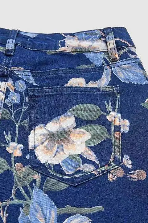 Women Print Jeans Wide Leg Pants High Waist Full Length Pockets Distressed Denim Washed Straight Trousers Casual Distressed