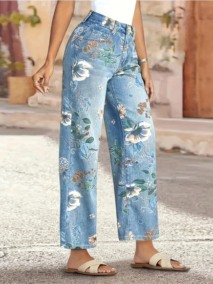 Plus Size Floral Print Straight Leg Jeans Women's Fashion Casual Denim Pants Street Style Cotton Fabric Long Trousers Spring ...