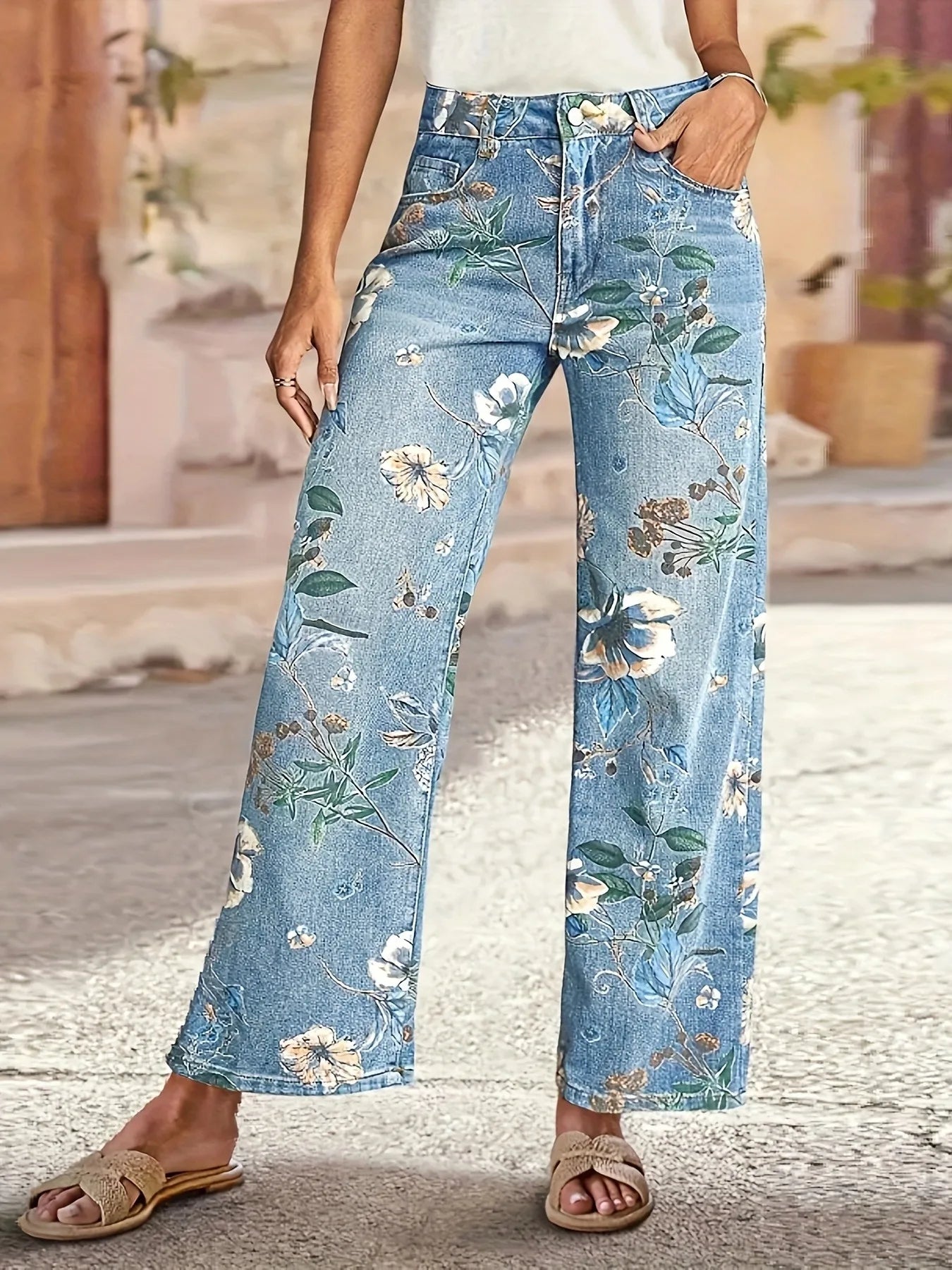 Plus Size Floral Print Straight Leg Jeans Women's Fashion Casual Denim Pants Street Style Cotton Fabric Long Trousers Spring ...
