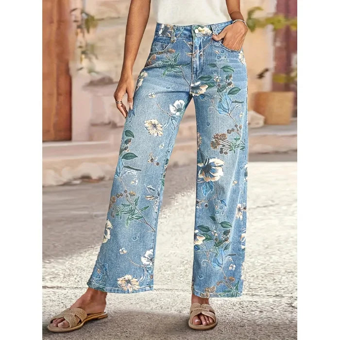 Plus Size Floral Print Straight Leg Jeans Women's Fashion Casual Denim Pants Street Style Cotton Fabric Long Trousers Spring ...