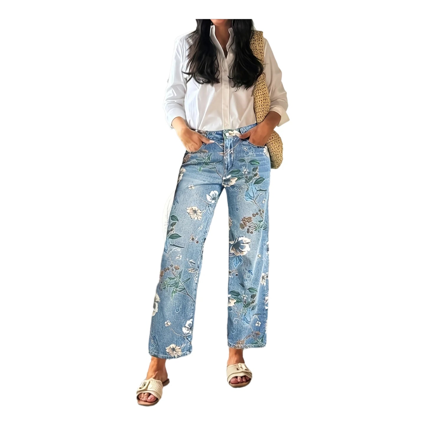 Plus Size Floral Print Straight Leg Jeans Women's Fashion Casual Denim Pants Street Style Cotton Fabric Long Trousers Spring ...