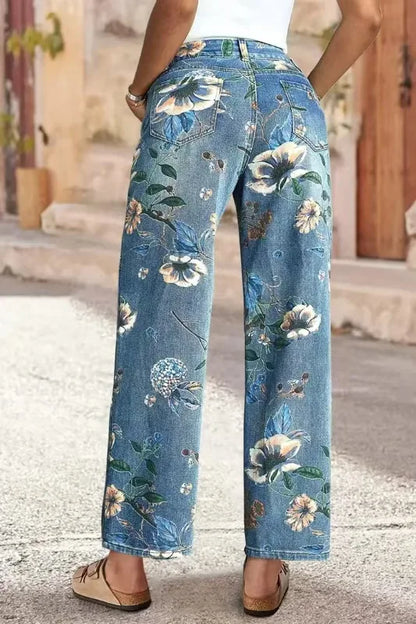 Women Print Jeans Wide Leg Pants High Waist Full Length Pockets Distressed Denim Washed Straight Trousers Casual Distressed