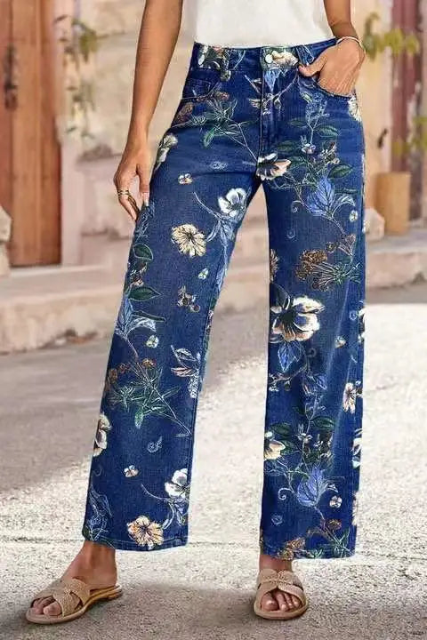 Women Print Jeans Wide Leg Pants High Waist Full Length Pockets Distressed Denim Washed Straight Trousers Casual Distressed