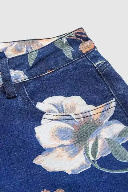 Women Print Jeans Wide Leg Pants High Waist Full Length Pockets Distressed Denim Washed Straight Trousers Casual Distressed
