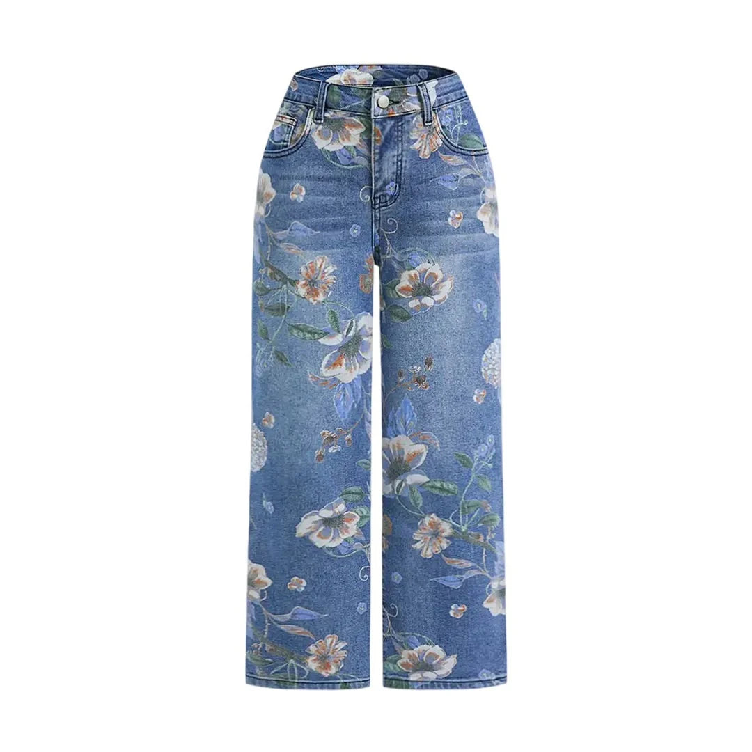 Women Print Jeans Wide Leg Pants High Waist Full Length Pockets Distressed Denim Washed Straight Trousers Casual Distressed