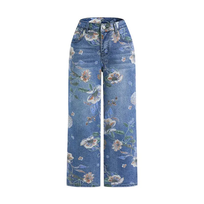 Women Print Jeans Wide Leg Pants High Waist Full Length Pockets Distressed Denim Washed Straight Trousers Casual Distressed