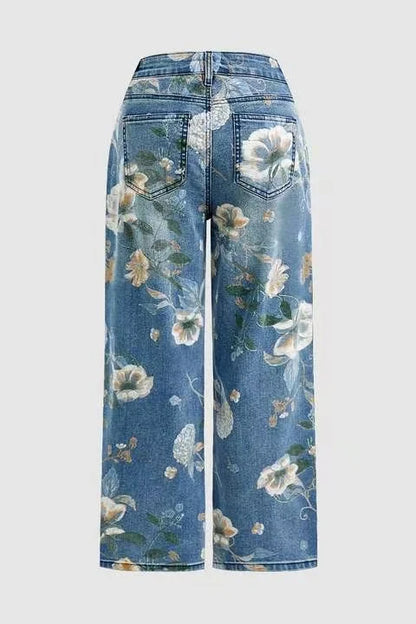 Women Print Jeans Wide Leg Pants High Waist Full Length Pockets Distressed Denim Washed Straight Trousers Casual Distressed