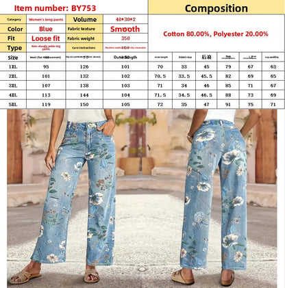Plus Size Floral Print Straight Leg Jeans Women's Fashion Casual Denim Pants Street Style Cotton Fabric Long Trousers Spring ...