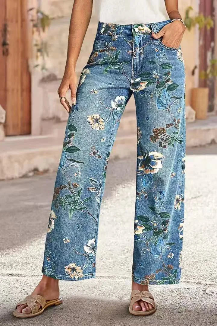 Women Print Jeans Wide Leg Pants High Waist Full Length Pockets Distressed Denim Washed Straight Trousers Casual Distressed