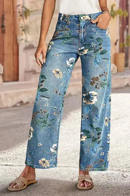 Women Print Jeans Wide Leg Pants High Waist Full Length Pockets Distressed Denim Washed Straight Trousers Casual Distressed
