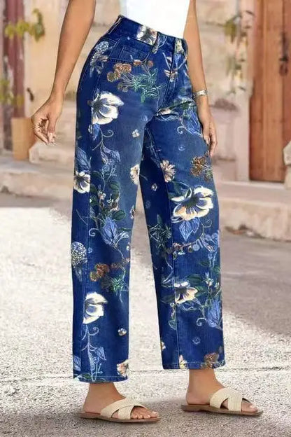 Women Print Jeans Wide Leg Pants High Waist Full Length Pockets Distressed Denim Washed Straight Trousers Casual Distressed
