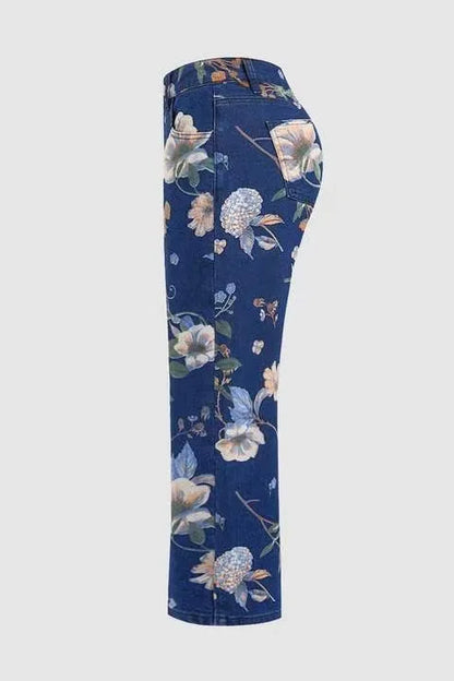 Women Print Jeans Wide Leg Pants High Waist Full Length Pockets Distressed Denim Washed Straight Trousers Casual Distressed