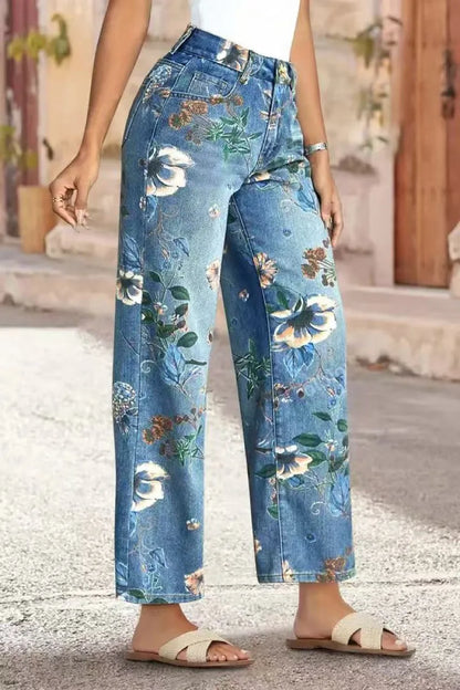 Women Print Jeans Wide Leg Pants High Waist Full Length Pockets Distressed Denim Washed Straight Trousers Casual Distressed