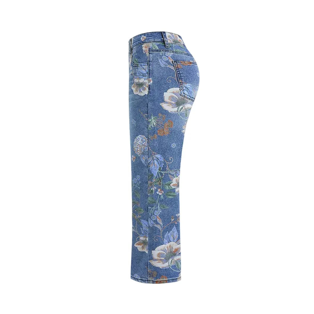 Women Print Jeans Wide Leg Pants High Waist Full Length Pockets Distressed Denim Washed Straight Trousers Casual Distressed